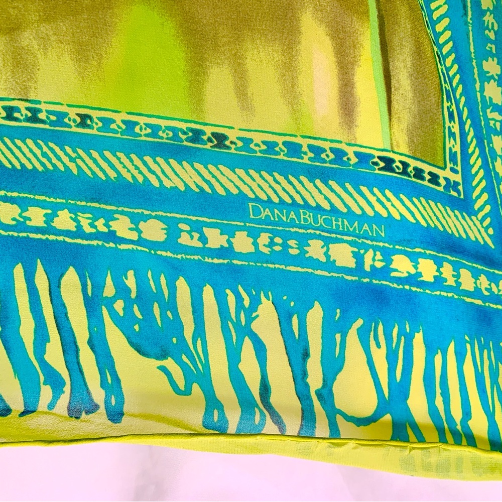 DANA BUCHMAN Silk Scarf shawl Bird of Paradise  Green blue 42” x 42” - Picture 5 of 6